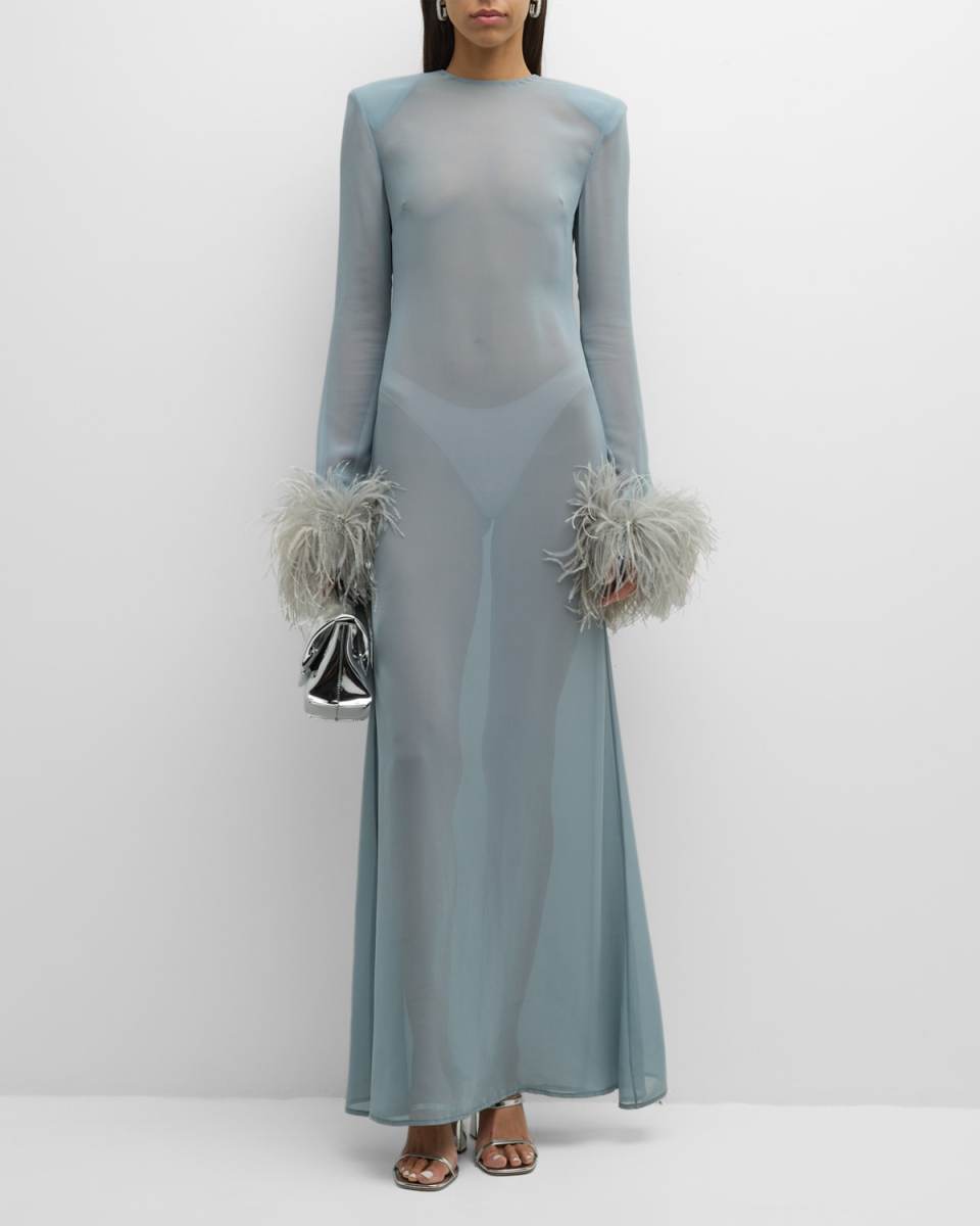 Feather-Cuff Long-Sleeve Strong-Shoulder Sheer Georgette Maxi Dress